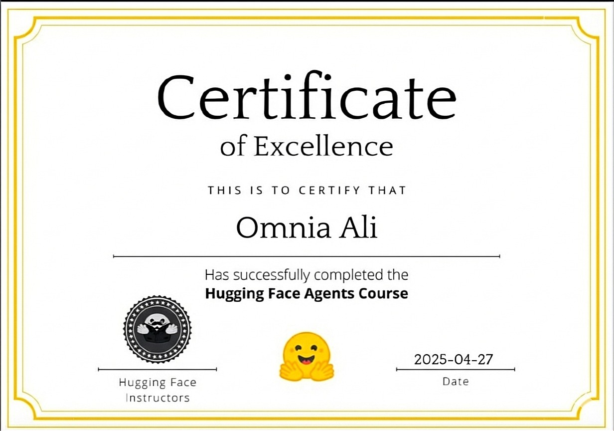 Hugging Face Agents Course certificate